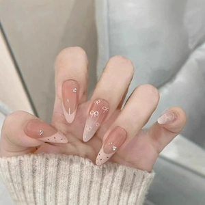 Press On Nails French Bowknot Rhinestone Gradient Pink Long Almond Shape Artificial Nails For Women Gentle Elegant Style