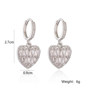 Detail view showing dimensions of heart-shaped zircon drop earrings with silver plating