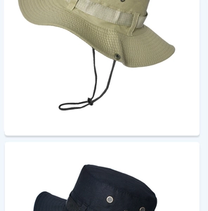 Détails de chapeaux de soleil kaki et noirs avec fentes d'aération et cordon réglable