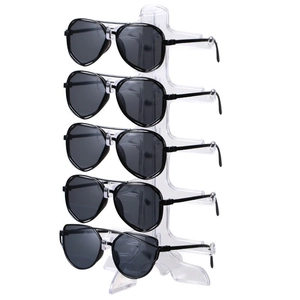 Five-tier transparent acrylic eyewear stand holding sunglasses on white background