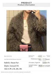 Detailed size chart for gray faux fur jacket showing fabric info and washing guide