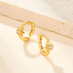 Elegant S925 sterling silver gold-plated hoop earrings with sparkling zircon star charms