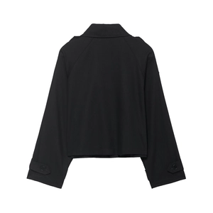 Back view of a black double-breasted short trench coat with adjustable buttoned cuffs