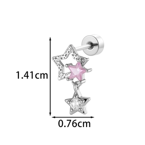 Silver star cartilage piercing with pink and clear zircon stones in hammered finish