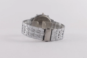 Detail of silver stainless steel watch back and classic five-link bracelet with crown