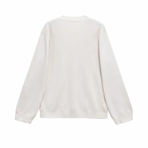 Back view of cream knit cardigan featuring ribbed cuffs and hem for a minimalist style