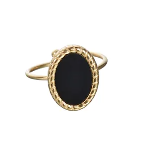 Bague Ajustable Ouverte Coquille Ovale Agate Noire Vintage Français Plaqué Or 14K Acier Titane Bordure Corde Torsadée