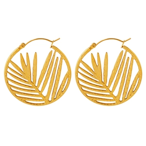French vintage style round hollow palm leaf gold hoop earrings in stainless steel