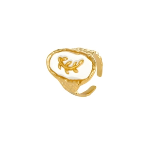 Gold ocean style open ring featuring an adjustable band with a white embossed branch design