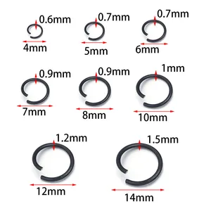 Detailed size measurement table for open jump rings showing various wire diameters and sizes