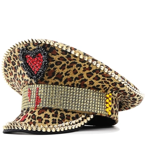 Cappello Da Capitano Militare Con Stampa Leopardata Con Borchie Dorate E Strass A Cuore Rosso Per Feste