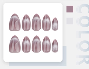 Detailed set of 10 almond-shaped grey cat eye press-on nails on professional display card