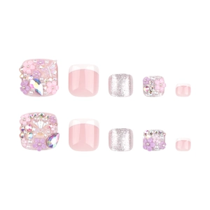 Französische rosa Fußnägel zum Aufkleben mit 3D-Harzblumen, Perlen und Glitzerkristallen