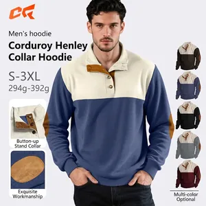 Men Corduroy Sweatshirt Color Block Henley Collar Casual Long Sleeve Pullover With Elbow Patches Urban Fashion Top