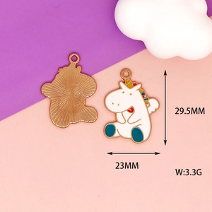 Detail view of colorful unicorn enamel pendant with precise size and weight dimensions