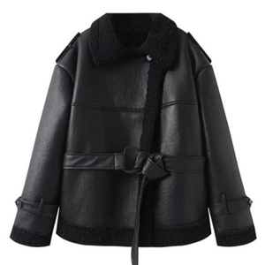 Women's black faux leather shearling jacket with lapel collar and matching waist belt