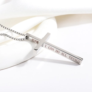 Polished silver stainless steel cross necklace with engraved bible verse and box chain
