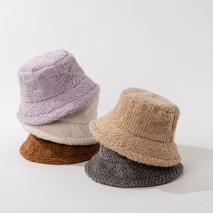 Winter Bucket Hat Faux Lamb Wool Plush Fleece Warm Windproof Solid Color Fashion Fisherman Cap For Men Women