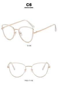 Detailed front and side views of stylish cat-eye glasses with pale gold metal temples