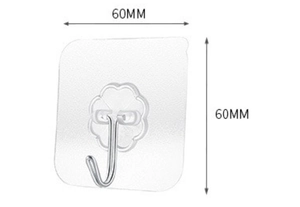 Detailed view of clear adhesive wall hook with floral texture measuring 60mm x 60mm