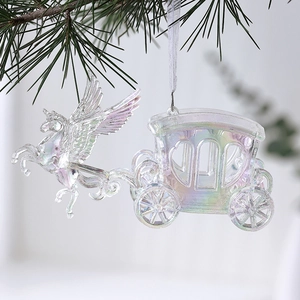 Colorful transparent acrylic unicorn and carriage Christmas tree ornament with white ribbon
