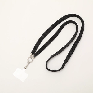 Universal black braided crossbody phone lanyard with silver metal clips and white insert pad