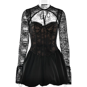 Elegant black lace long sleeve mini dress with hollow neckline and flared A-line skirt