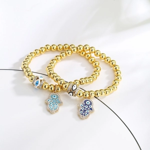 Hamsa Hand Evil Eye Beaded Bracelet Gold Plated Copper With Zircon And Enamel Lucky Charm Jewelry For Women