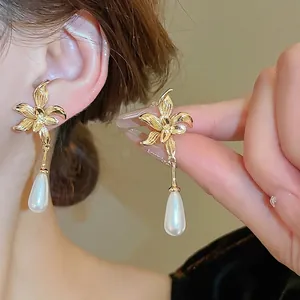 Flower Artificial Pearl Drop Earrings With 925 Sterling Silver Earring Post Real Gold Plated Brass French Vintage Floral Dangle