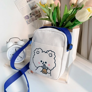 Cute canvas crossbody bag with cartoon bear drinking boba milk tea and blue strap