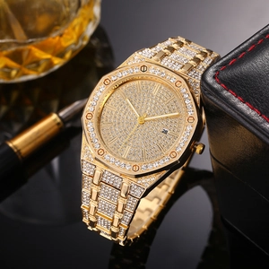 Luxurious iced-out gold octagon men watch with calendar display and diamond-set steel band