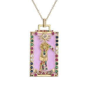 Gold plated tarot death pendant necklace with pink enamel and multicolored cubic zirconia