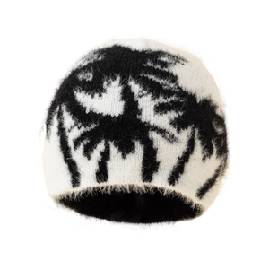 Winter Warm Faux Fur Beanie Hat For Men Women Palm Tree Pattern Soft Knitted Pullover Cap Streetwear Outdoor Plush Headwear