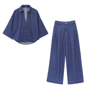 Completi In Denim Da Donna Camicia Con Colletto Risvoltato E Pantaloni Larghi A Vita Alta Streetwear Casual Blu Scuro