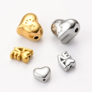 Baroque style 3D heart and LOVE metal spacer beads in gold and silver finish