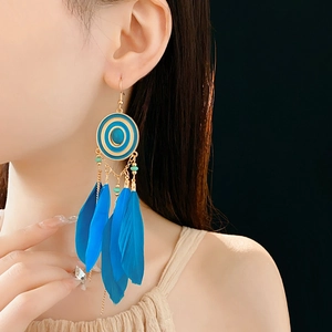 Detail of blue feather tassel earrings showing gold chain texture on model
