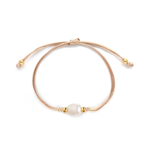 French style adjustable beige cord bracelet with natural freshwater pearl and gold beads