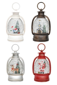 Macro detail of four vintage-style Christmas lanterns with snowy scenes and glitter