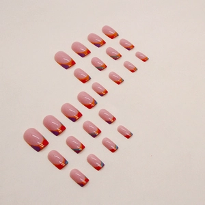 Medium-long colorful French press-on nails with abstract rainbow swirls on 24 pieces