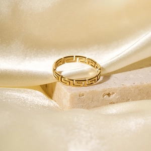 Minimalist 18K gold plated stainless steel ring with Greek key meander hollow design