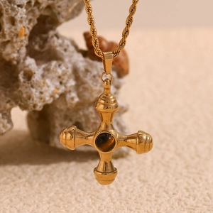 18K gold plated stainless steel ship helm cross necklace with brown tiger eye stone