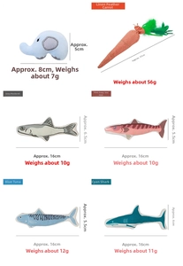 Detailed size and weight specs for plush catnip toys including elephant and fish shapes