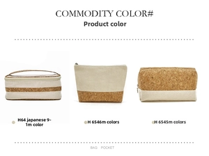 Detailed view of beige cotton canvas and natural cork travel toiletry bag collection