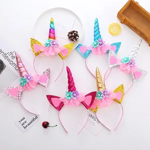 Cerchietto Per Capelli Unicorno Con Orecchie Di Paillettes Fiori In Rete E Künstliche Perle Per Festa Compleanno Halloween Cosplay