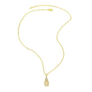 Elegant gold pineapple pendant necklace with white crystals and green leaf details