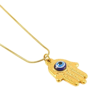 Golden Hamsa Hand necklace featuring a blue Turkish Evil Eye pendant on white background