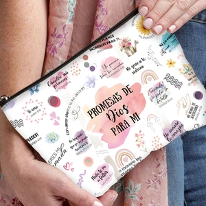 Floral printed canvas makeup bag with zipper and Spanish religious quotes for women