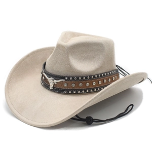 Beige faux suede western cowboy hat with studded leather band and silver bull head emblem