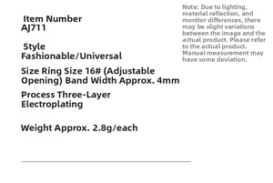 Specifications for gold dragon ring showing size 16 adjustable band and triple plating