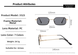 Detailed size chart for rimless ocean lens square sunglasses with metal frame and dimensions